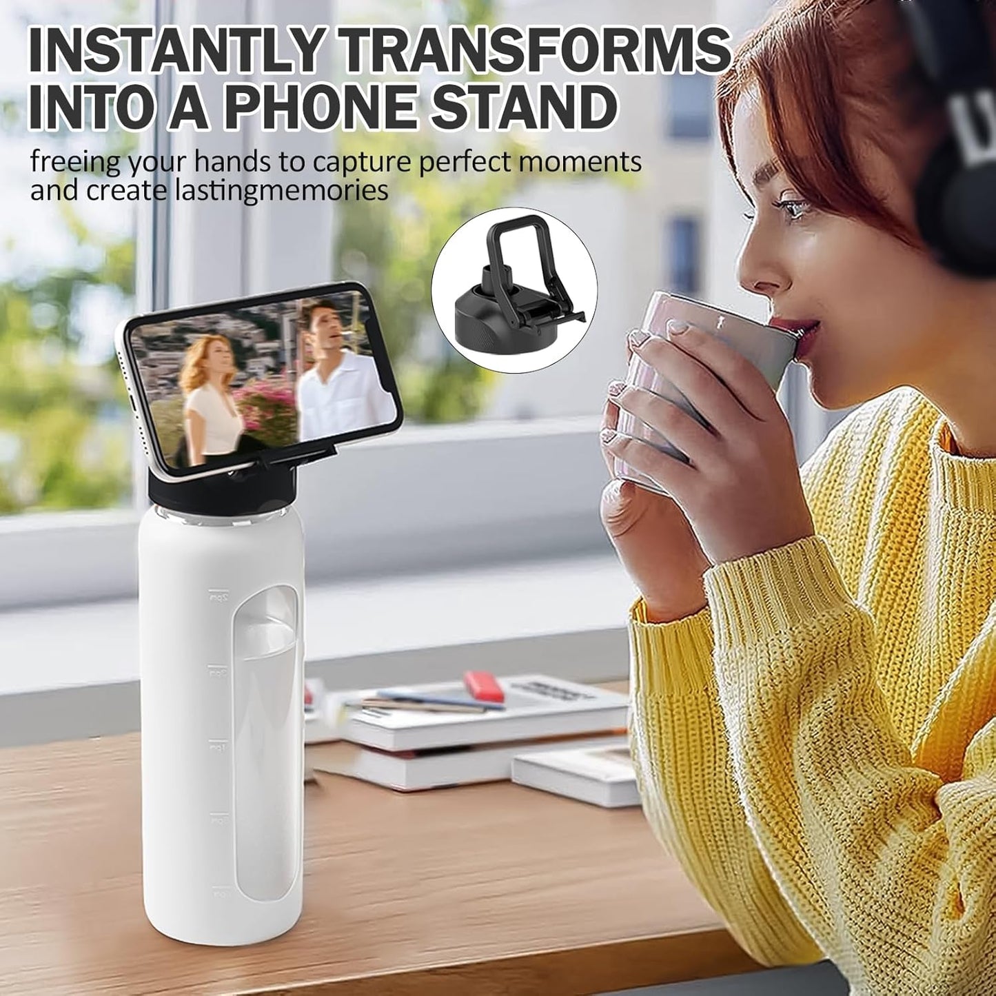 32oz Glass Water Bottle with Straw and 2 Lids- Bamboo Straw and Spout Lid with Phone Holder for Gym, Glass Drinking Bottles with Silicone Sleeve and Motivational Time Marker, White