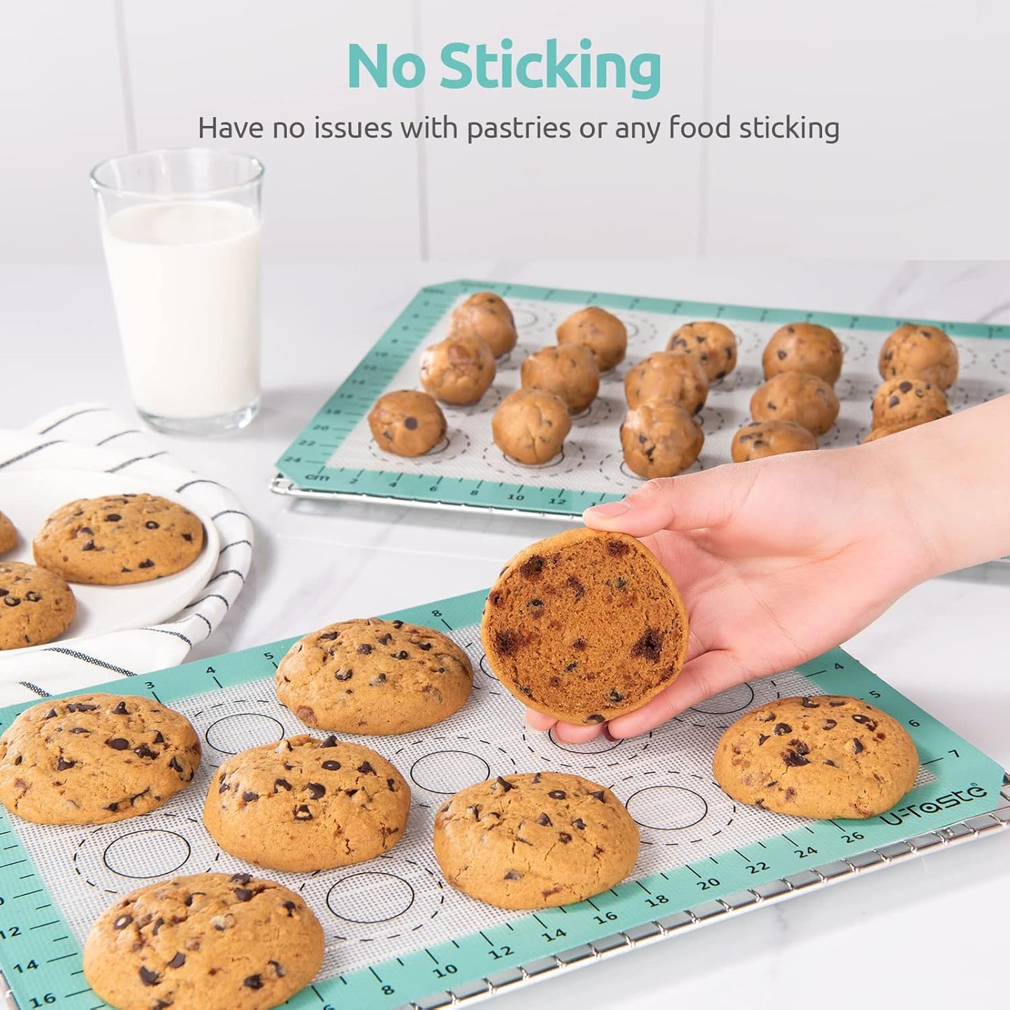 446ºF Heat Resistant Macaron Mat: U-Taste 14.17x9.44in Non Stick Silicone Baking Mat, Reusable Cookies Pastry Sheet Liner with Edge Enhancement & Circle Measurement for Cake Pan (Aqua Sky)