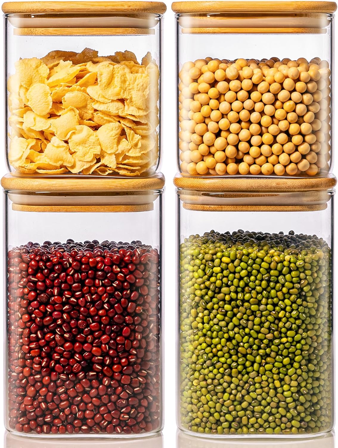 42oz & 27oz - 4 Pack Square Glass Jars with Bamboo Lids, Glass Food Storage Containers with Airtight Lids for Kitchen, Air Tight Pantry Storage Containers for Cereal, Pasta, Rice, Sugar, Coffee, Spice