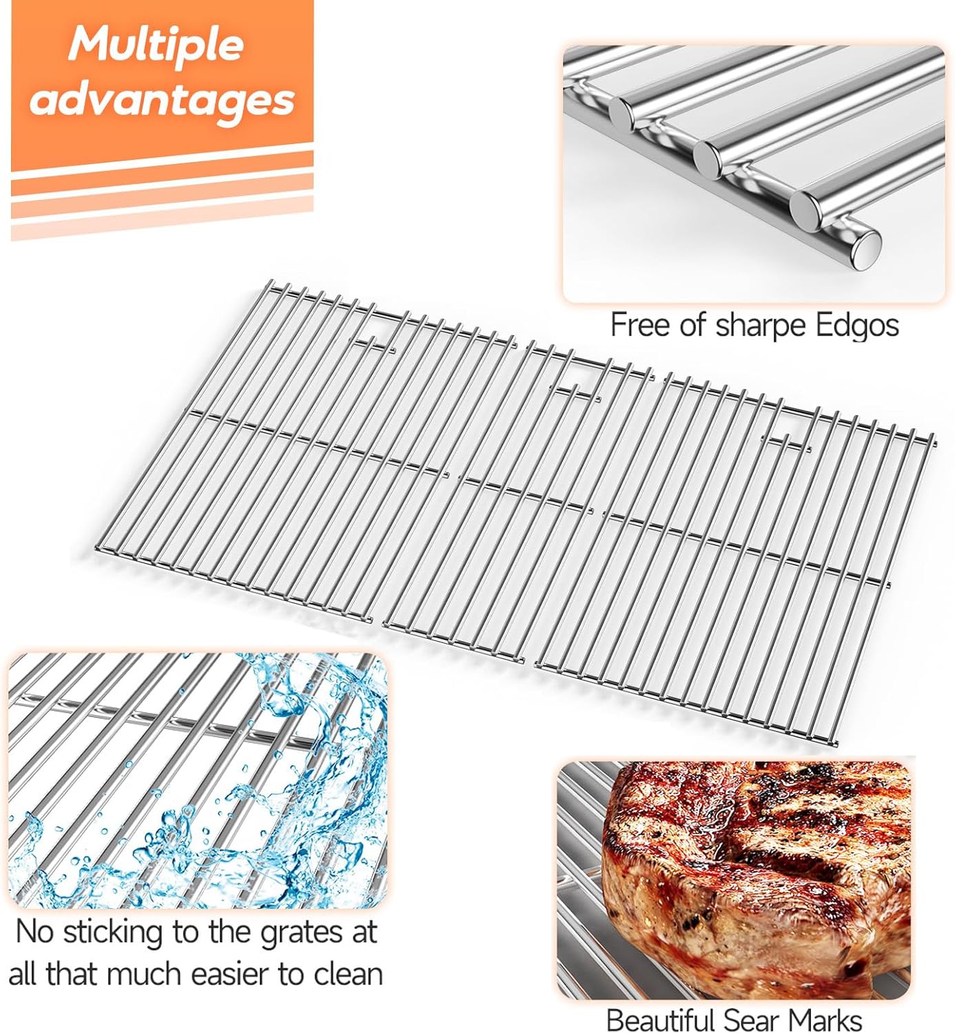 16.96 inch Stainless Steel Cooking Grates for Nexgrill 720-0882A Evolution Infrared Plus 5-Burner, Stainless Steel Gas Grills Grates Replacement Parts, Solid Rod Grill Cooking Grids, 3 Pack