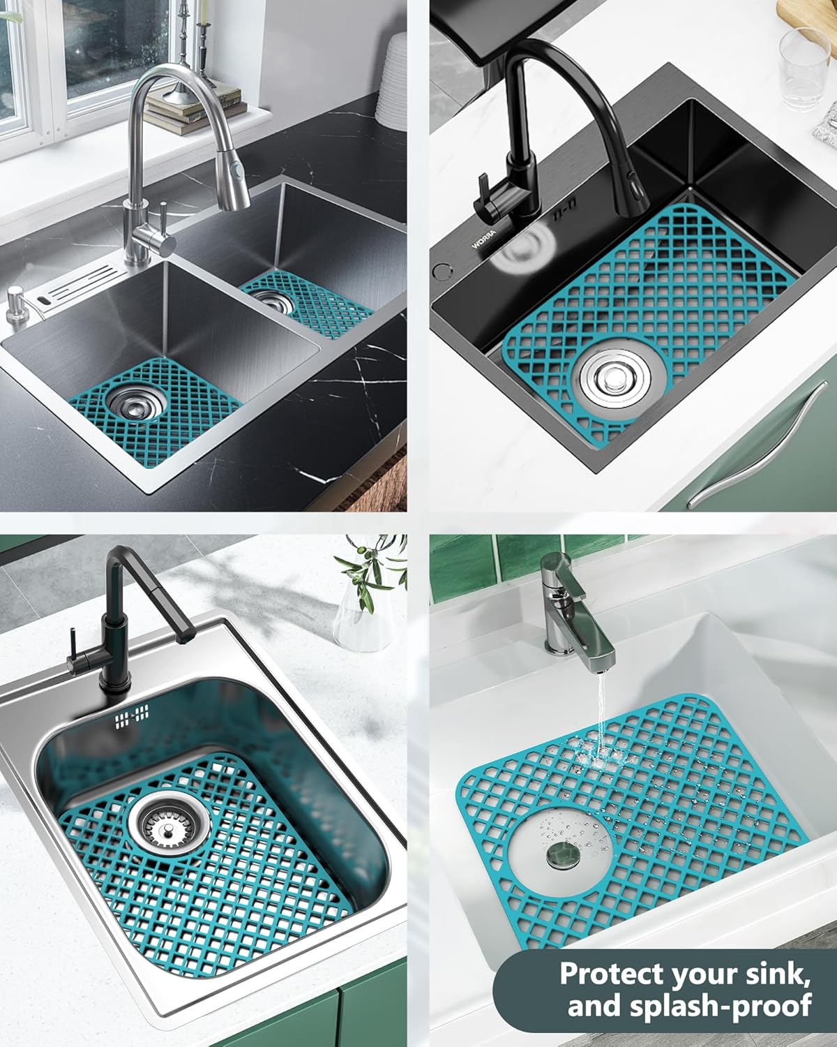 2 Pack Silicone Sink Protectors for Kitchen Sink, Lozenge Pattern 13 x 11 Inches Sink Mat, Non-Slip and Durable Sink Protector Silicone, Rear Drain, Green