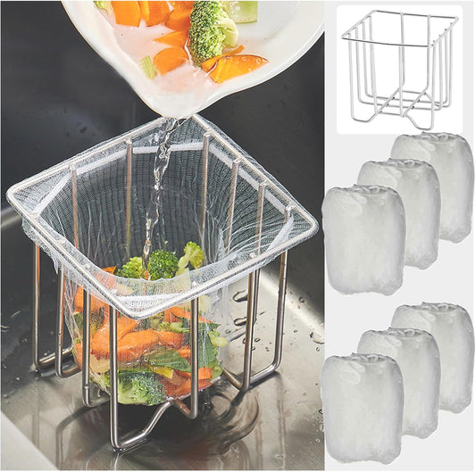 Kitchen Sink Strainer with Sink Basket Holder and 300 Strainer Net Bags,Food Catcher with drain filter Mesh bag,Meshmate Waste Rack Trash Catcher for Leftovers.