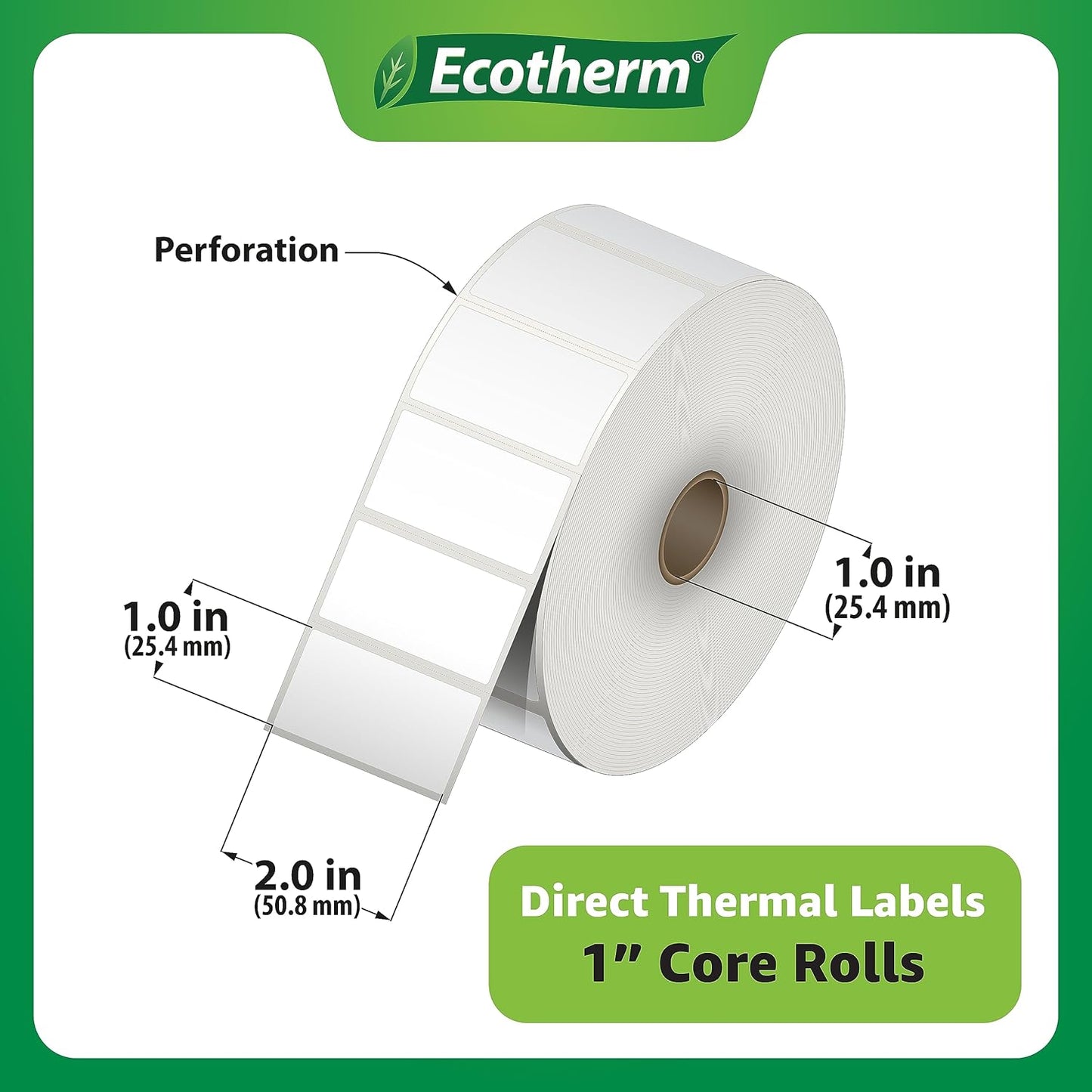 2"x1" Thermal Labels for Rollo, Munbyn, Zebra, Godex, Arkscan, iDPRT, Offnova Label Printers and More - White Paper Stickers - Small Multipurpose Labels | 15000 Labels | 6 Rolls | by Ecotherm