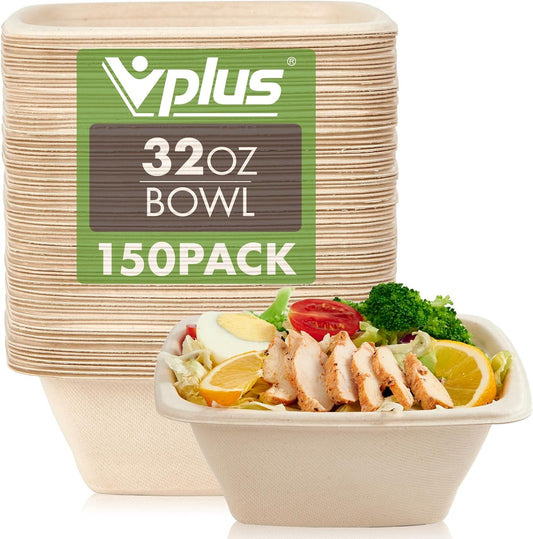Vplus 150 Pack 32 OZ Paper Bowls Bulk, Square Disposable and Compostable, Eco-friendly Bagasse, Heavy-duty Bowls Perfect for Milk Cereals, Snacks, Salads