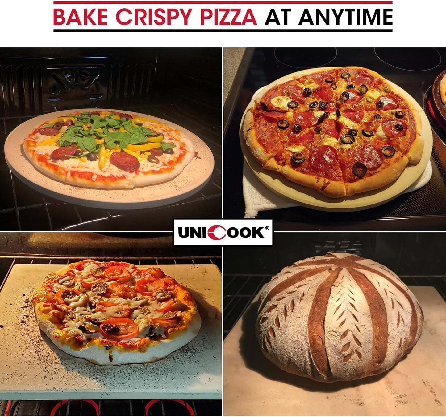 Unicook Pizza Stone for Oven and Grill, Rectangular Baking Pan 15 Inch x 12 Inch, Cordierite Large Cooking Oven Stone with Plastic Dough Scraper, Thermal Shock Resistant Pizza Pan