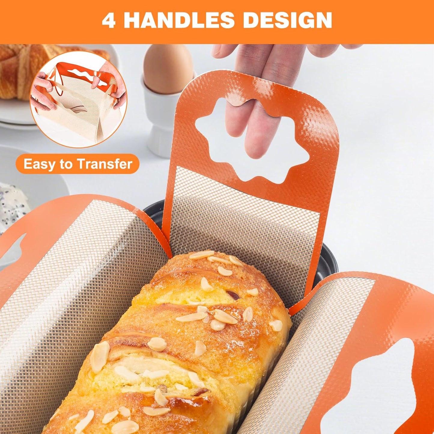 2 Pcs Reusable Silicone Bread Loaf Pan Liners, Food-Grade Silicone Bread Baking Mat with 4 Handles, Non-Stick & Heat Resistant Loaf Pan Lifters, Sourdough Sling for 9x5" or 1.5Lb Loaf Pans (Orange)