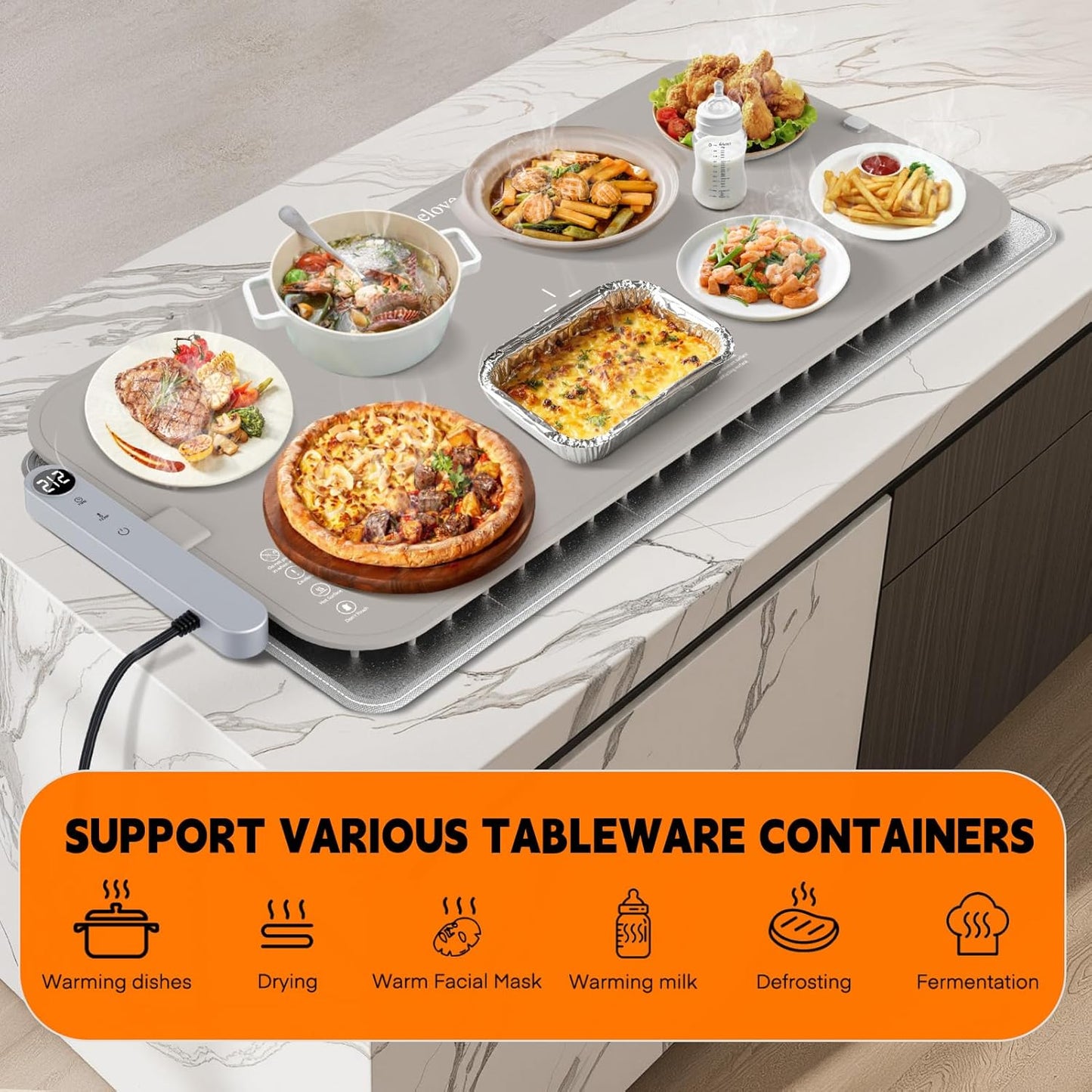 Homelove Food Warming Mat Waterproof - Electric Warming Tray with 6-Level Temperature and Hours Setting, Full Surface Graphene Heating, Dishwasher-Friendly Food Warmer Mat for Parties, Kitchen (Khaki)