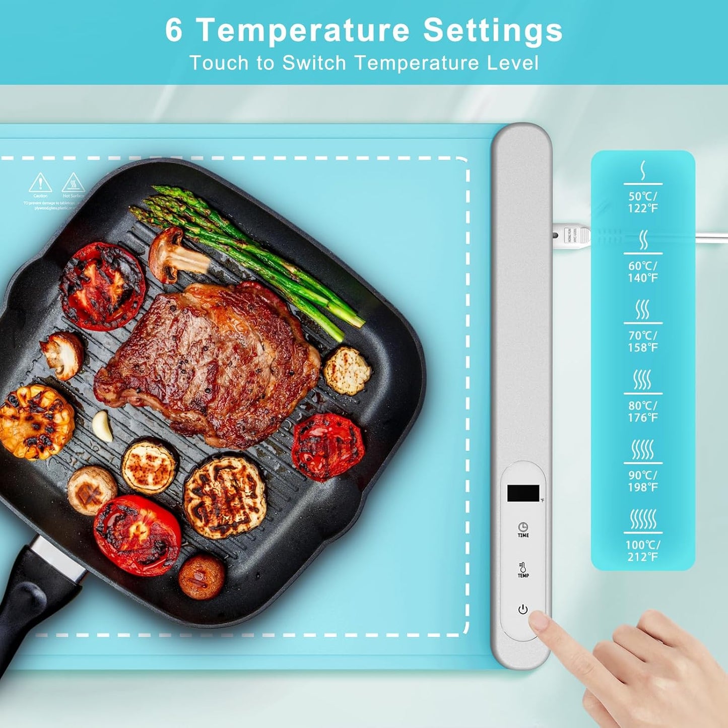 FYY Food Warming Mat - Electric Warming Tray with 6 Temperature Settings and 6 Hours Timer, Full Surface Graphene Heating Food Warmer, Premium Rollable Heating Tray for Gatherings, Parties, Light Blue