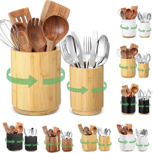 2 Pack Wooden Utensil Holder, 360°Rotating Kitchen Cooking Utensil Crock, Spoon Spatula Holder for Kitchen Counter, Farmhouse Countertop Organizer(Bamboo,Round)