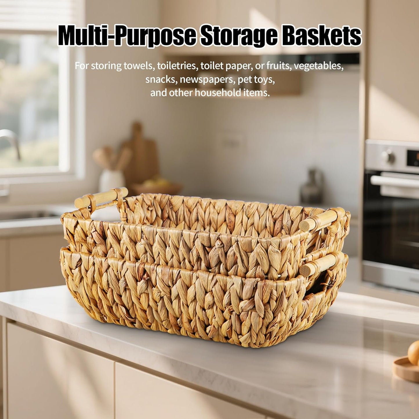 Woven Storage Baskets – Set of 2 Handwoven Water Hyacinth Wicker Baskets with Wooden Handles for Organizing, Decorative Baskets for Laundry Room, Home Decor - 2 Medium
