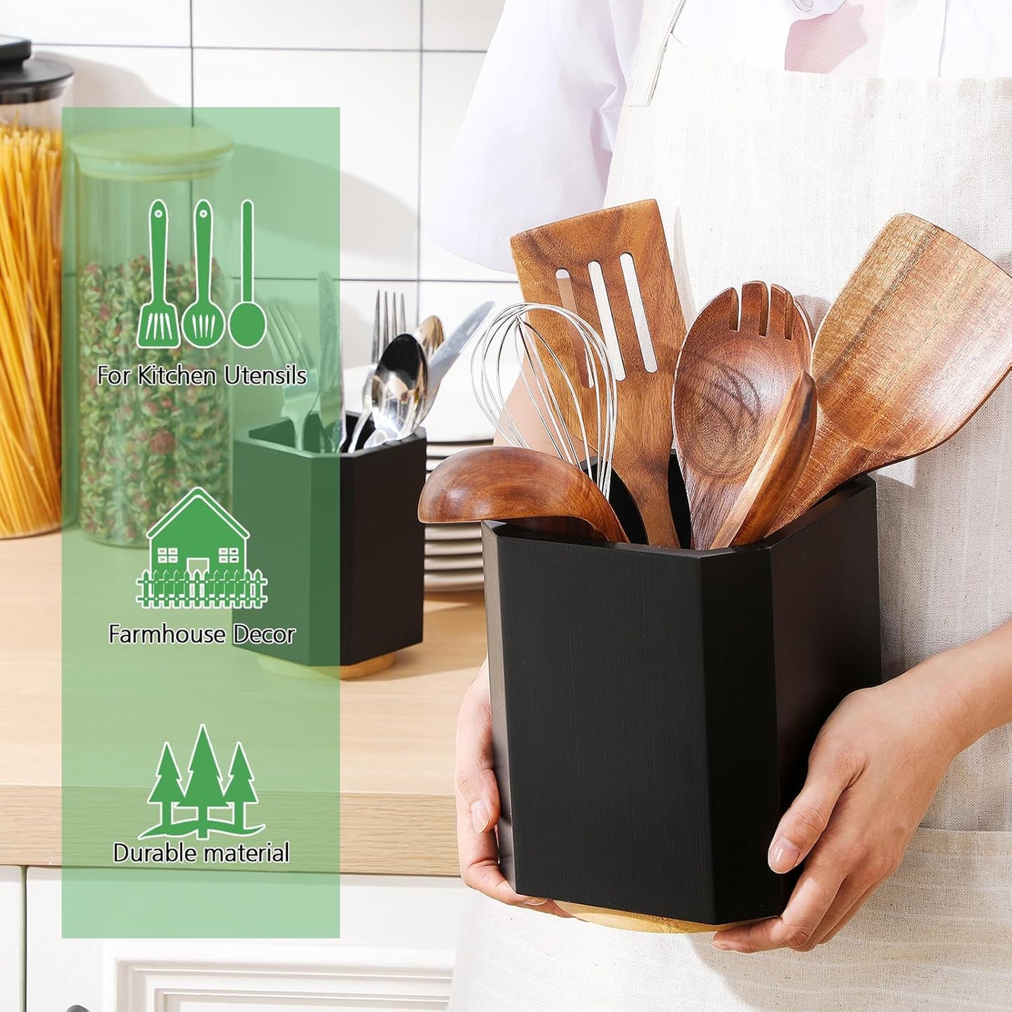 2 Pack Wooden Utensil Holder, 360°Rotating Kitchen Cooking Utensil Crock, Spoon Spatula Holder for Kitchen Counter, Farmhouse Countertop Organizer(Black,Square)