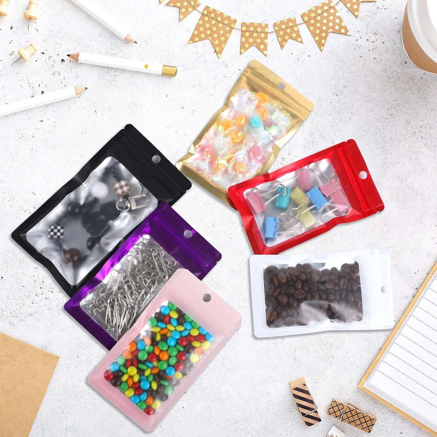 200 Pack Resealable Mylar Holographic Bags Food Storage Smell Proof Bags with Front Window Foil Packaging Pouch for Candy Sample Jewelry Small Business 4.72×7.87 Inch, Red