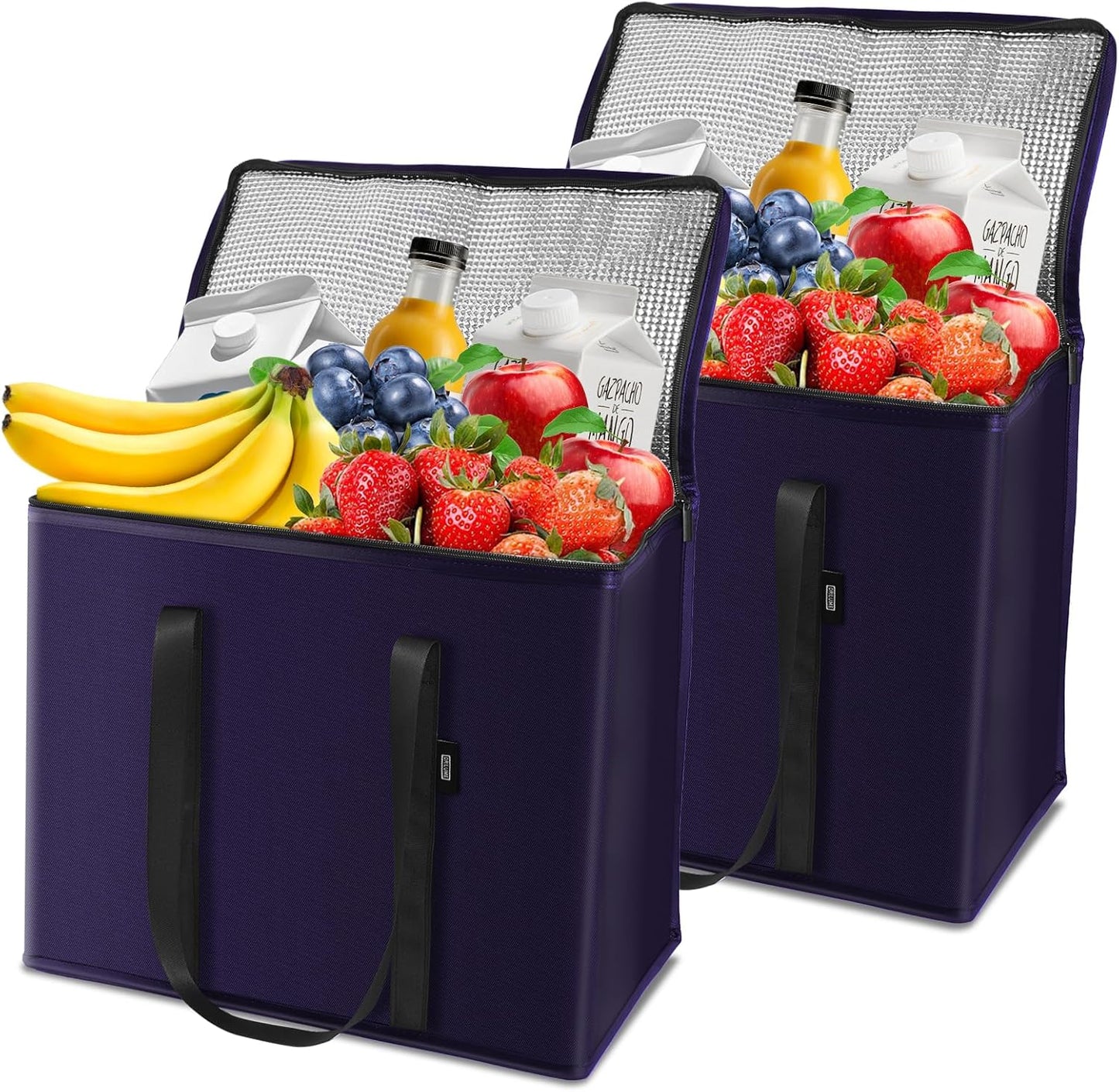 2-Pack Reusable Insulated Grocery Bags with Zippered Top, Heavy Duty Cooler Bags for Frozen Foods, Waterproof and Foldable Bag for Cold Storage & Travel– Dark Purple