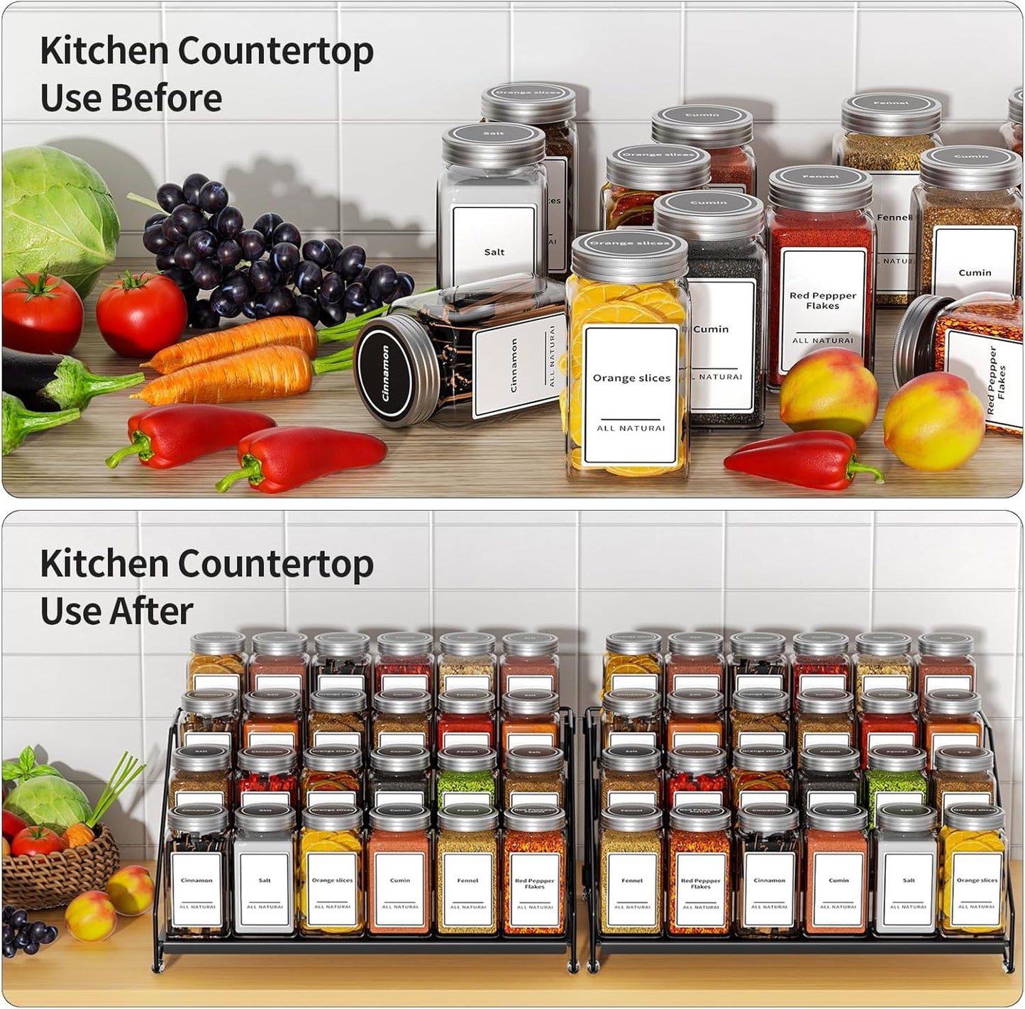 4 Tier Spice Rack Organzier, Spice Rack for Cabinet, Adjustable Depth Seasoning Shelf for Countertop, Pantry, Seasoning Organizer, Metal, Black (2 Pack)