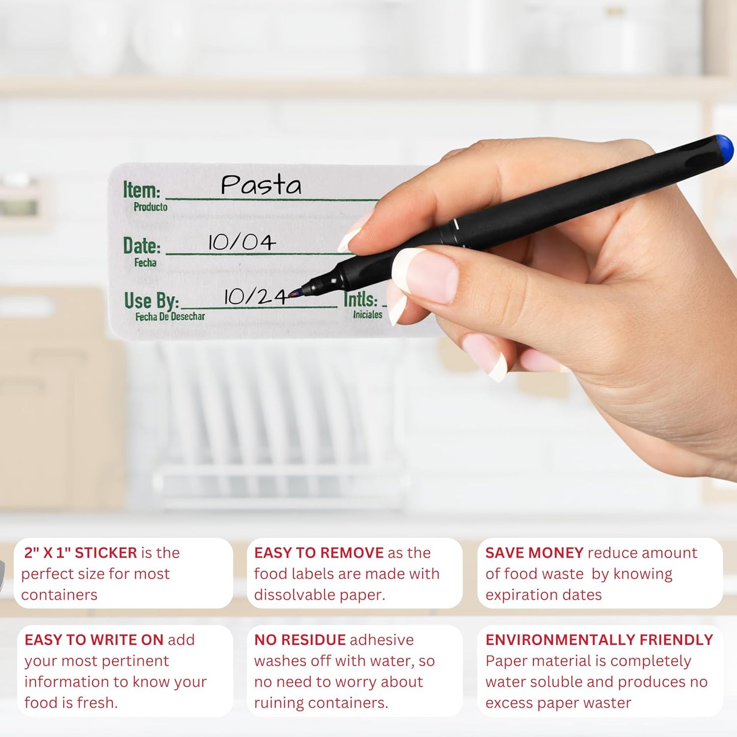 2x1 Dissolvable Food Labels, 250 Label Stickers, Bottle Labels for Storage Bins, Sticker Labels for Food containers, (250, Green)