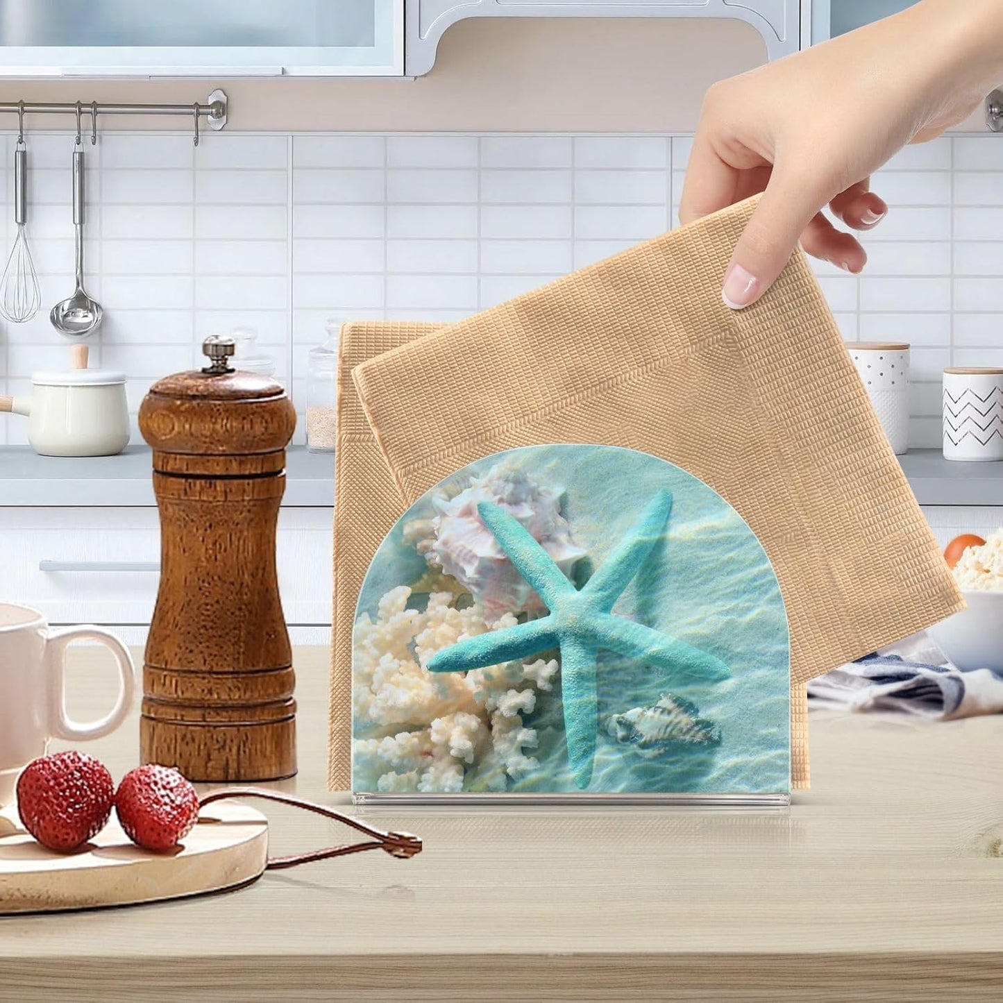 Seashell Starfish Summer Beach Napkin Holder for Table Paper Napkins Holder Acrylic Tissue Dispenser Kitchen Dining Room Bathroom Party Car Decor