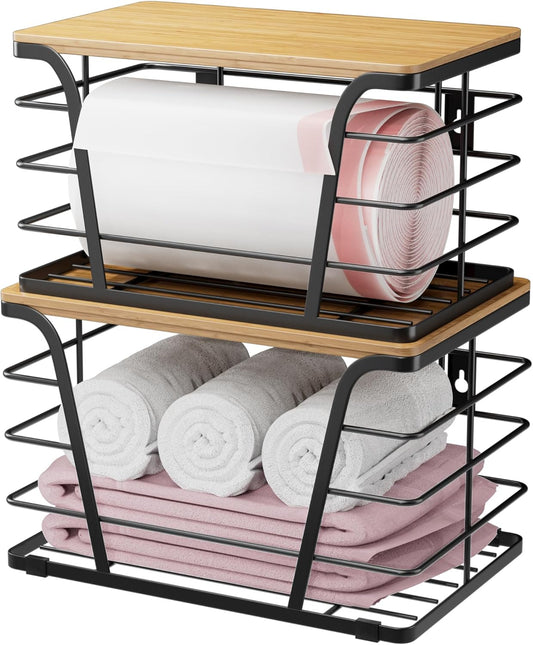 2 Pack Extra Large Pantry Storage Organizers, Pantry Baskets organization, Potato and Onion Storage Bin, Wall Mount Trash Bag Storage for 13-33 Gallon Bags with Bamboo Top, Black