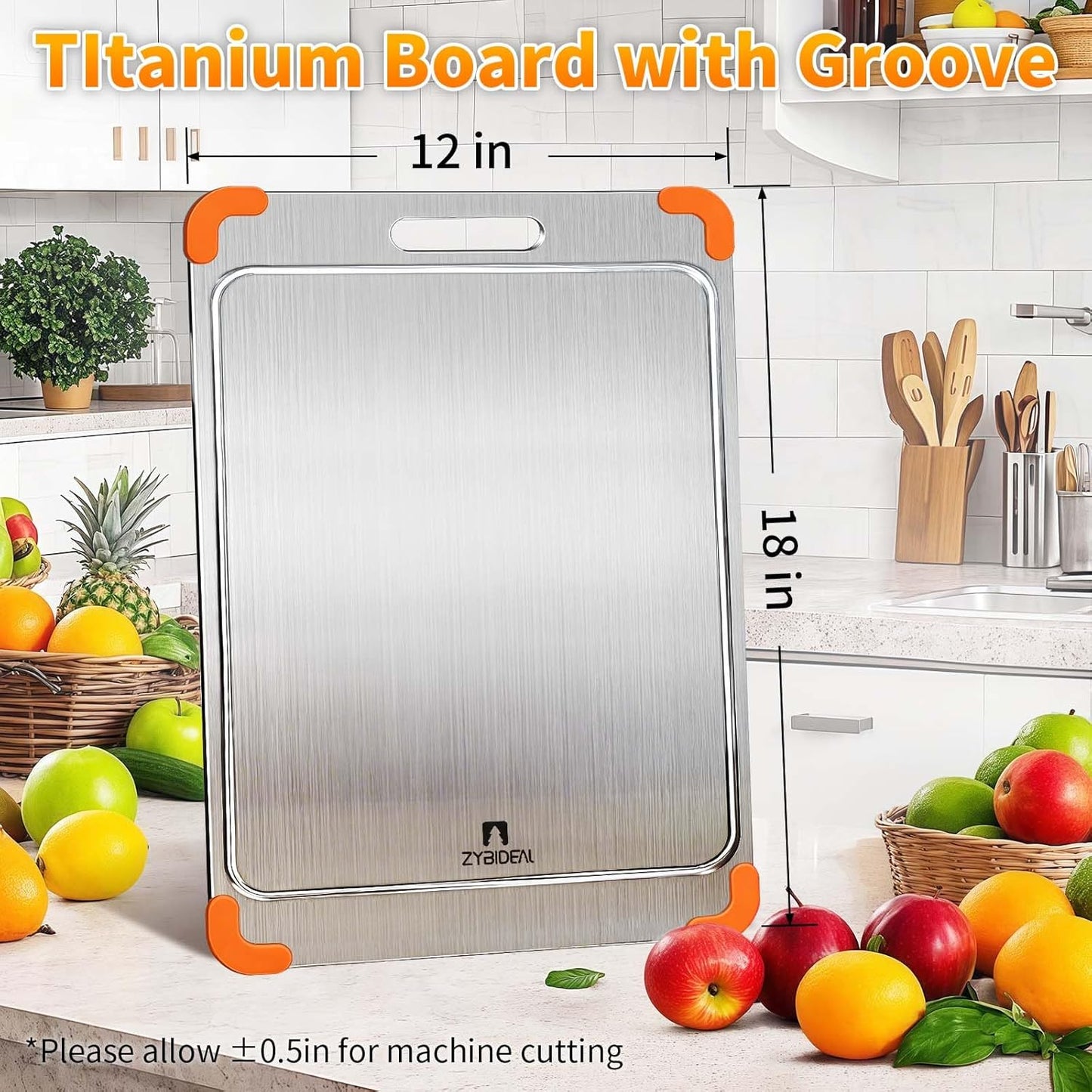 100% Pure Titanium Cutting Board with Grooves, Update Double Side Titanium Chopping Board, Silicone Anti-slip Stainless Cutting Boards for Kitchen 12 * 18 IN, Orange