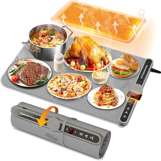 Electric Warming Mat for Food - Warming Tray with 9 Temperature Settings and 6 Hours Timer, Heating Mat for Food with Full Surface Heating for Buffets Party Gatherings and Daily Use（Gray）