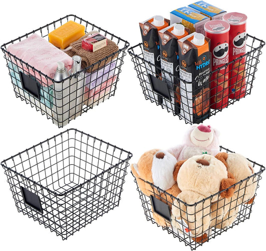 4 Pack【Large】 Wire Handmade Storage Basket for Organizing Household Goods,Pantry Organization,Bathroom countertop,Laundry,Wardrobe Storage Basket,Black