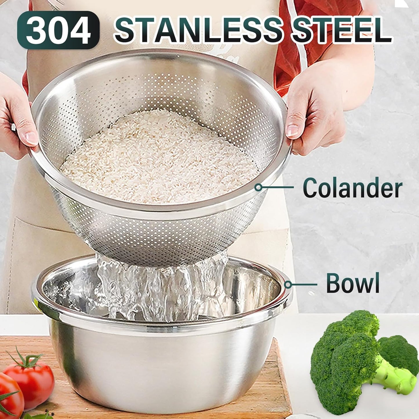 304 Stainless Steel Colander 5QT Microporous Colander & Large Bowl for Kitchen,Rice Strainer with Salad Mixing Bowl for Pasta Straining,Fruit Washing,Vegetable Draining,Food Mixing(2PCs)