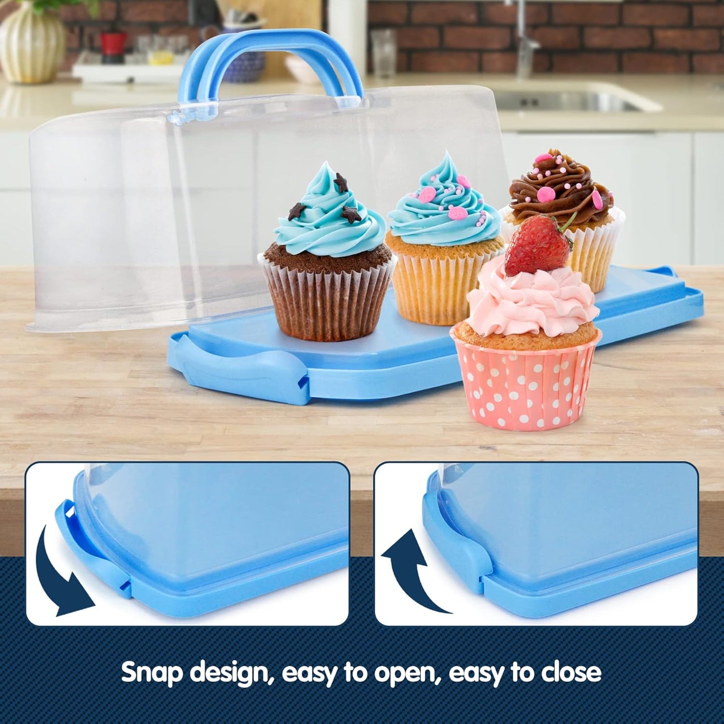 2-Pack Plastic Rectangular Bread Box with Clear Lid, Loaf Cake Keeper, Portable Bread Keeper Storage Container with Handle (Blue)