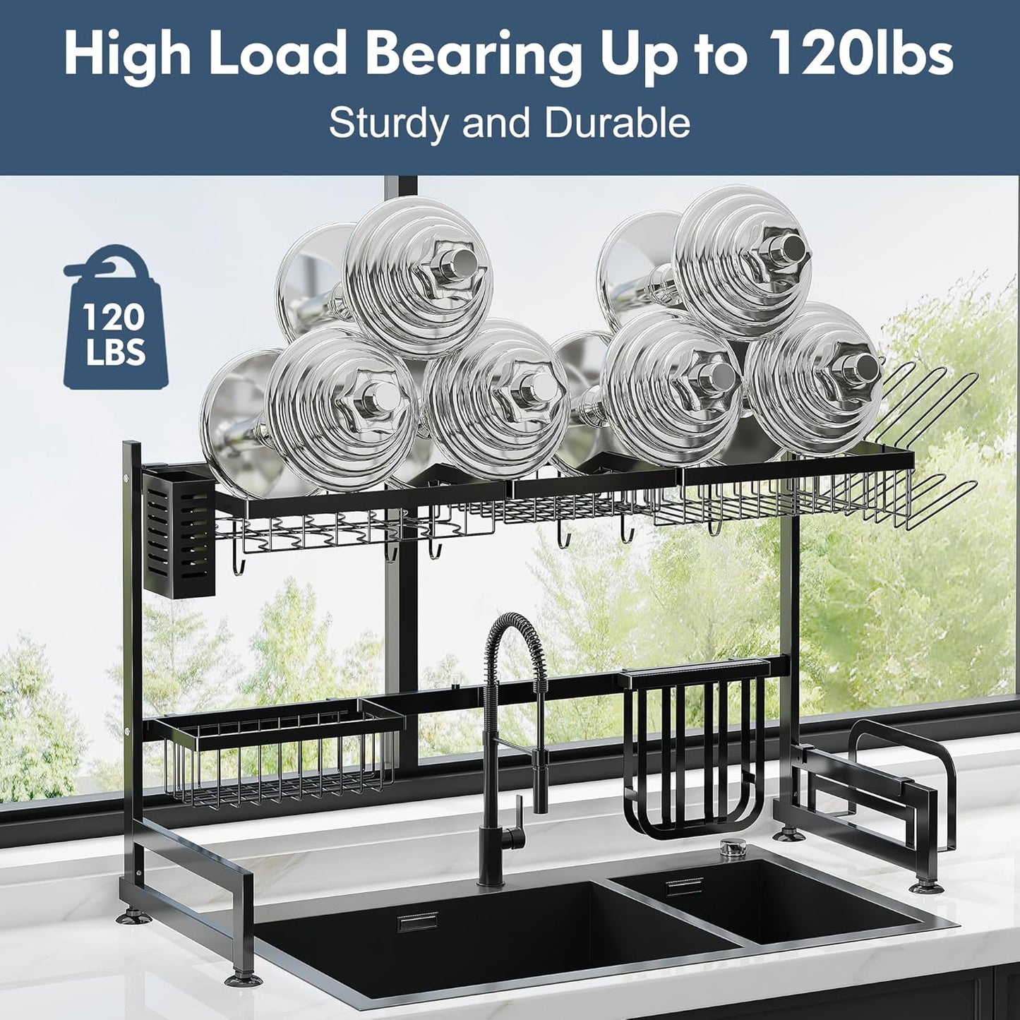 2 Tier Extra Large Stainless Steel Expandable Over The Sink Dish Drainer Drying Rack, Rust Proof Metal, Space Saving, Modern Black Big Capacity Extendable Plate Strainers Above Kitchen Counter