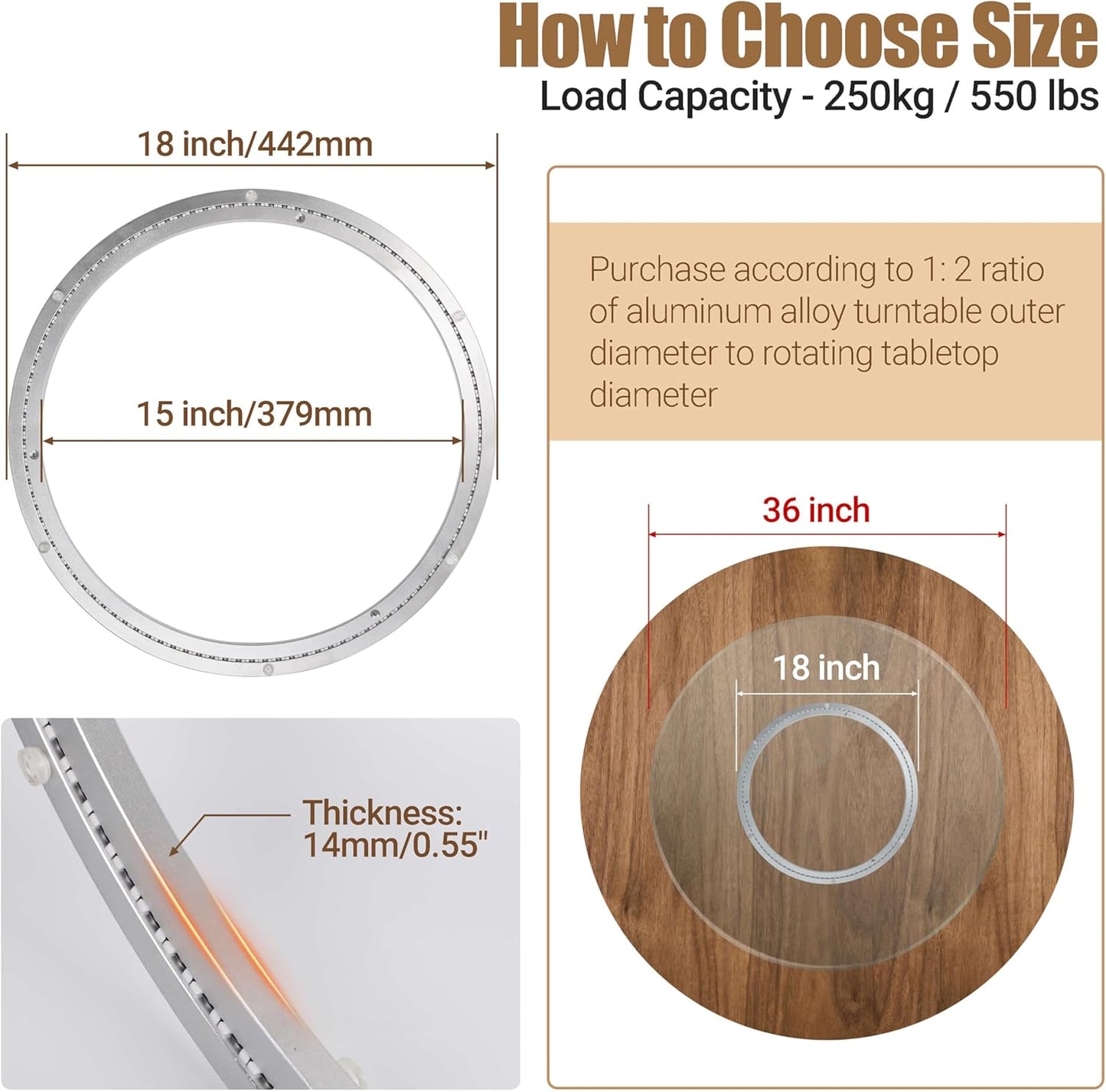 18 Inch Lazy Susan Heavy-Duty Aluminium Alloy Rotating Bearing Lazy Susan Hardware- Mute Bearing Turntable Ring Hardware for Dining and DIY Furniture (Capacity up to 550lb)