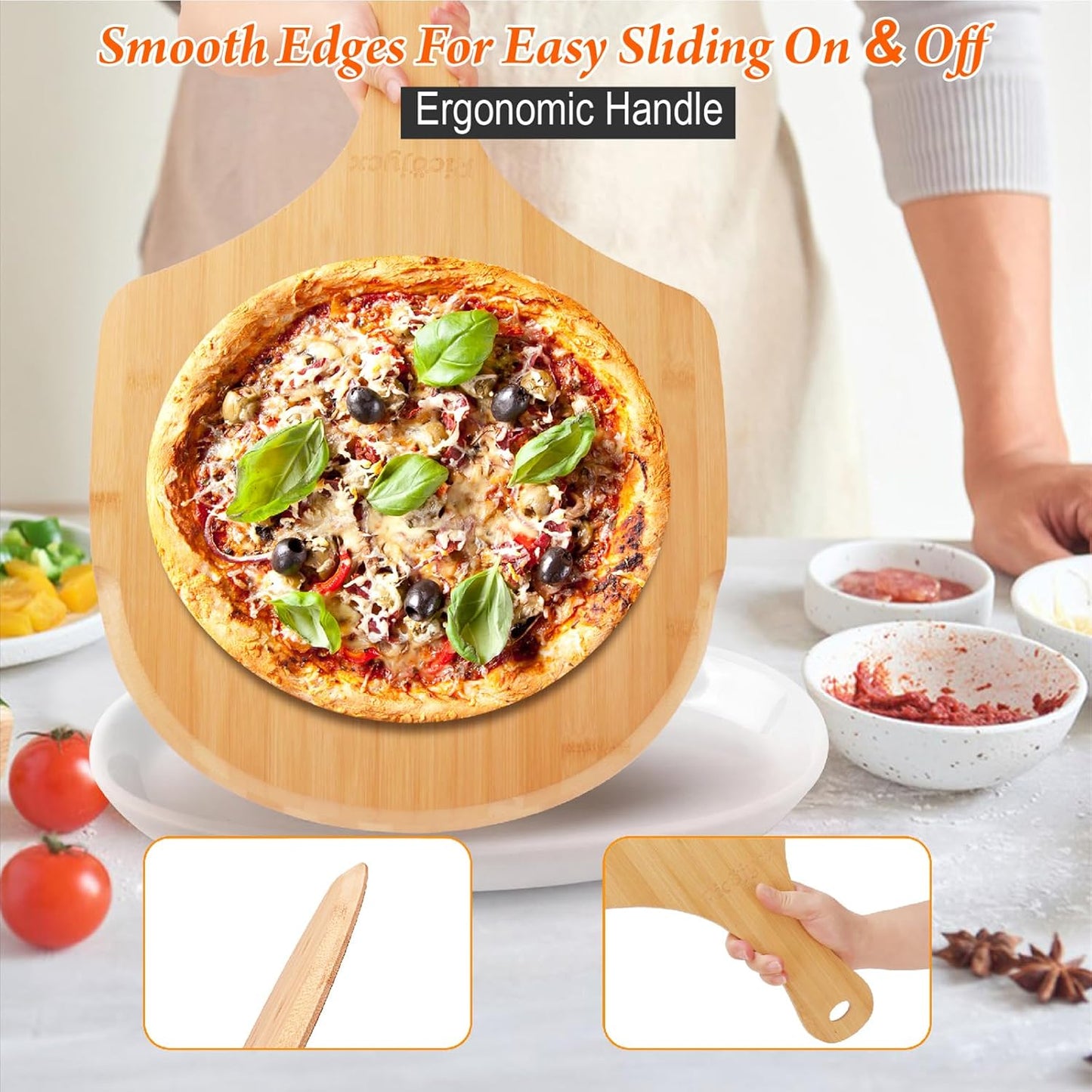 2 Pack Natural Bamboo Pizza Peel 16 inch, Wood Pizza Paddle, Cutting Board with Handle for Pizza, Bread, Cheese, Vegetable, Fruits