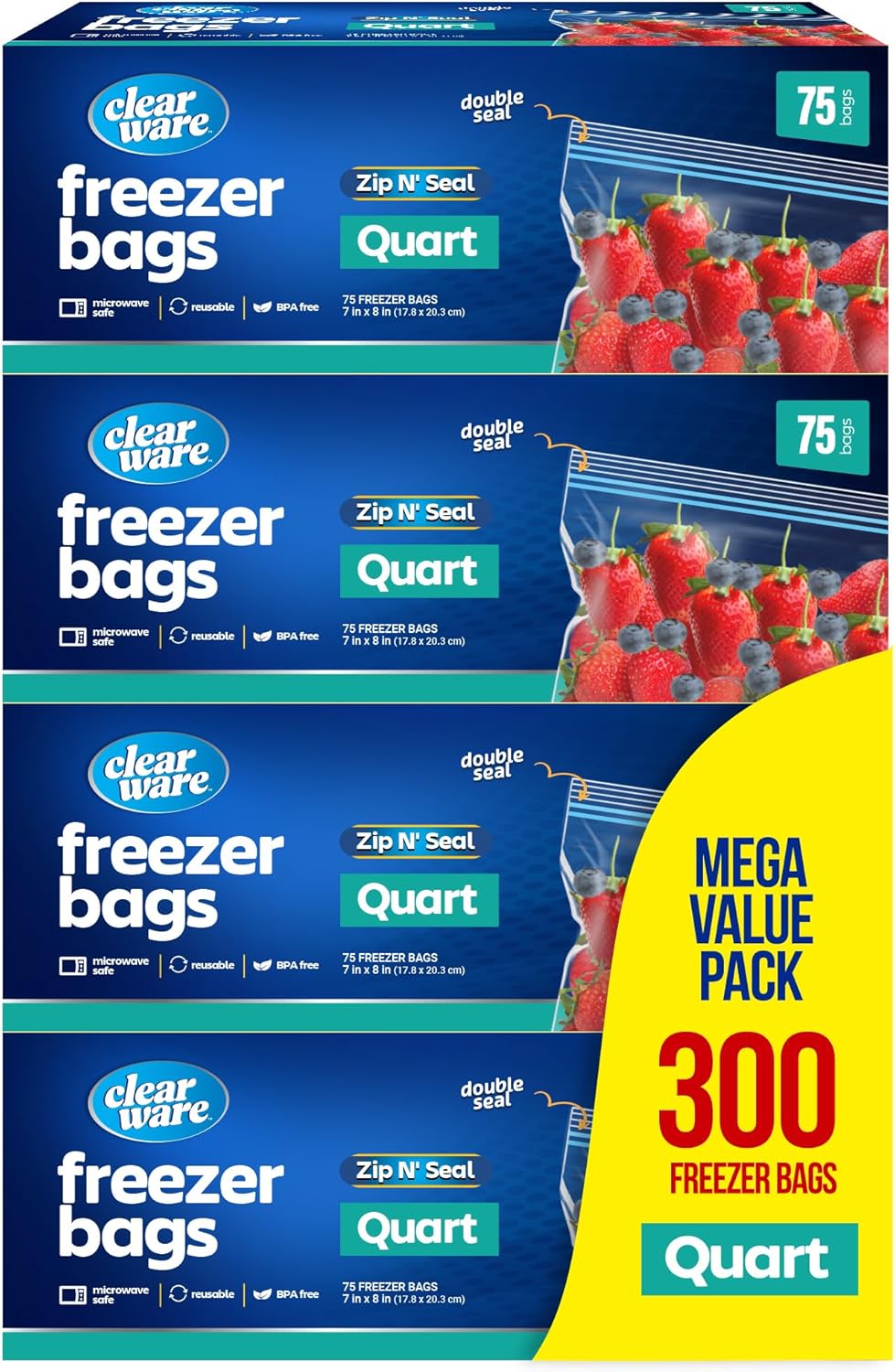 Quart Freezer Bags - Double Zipper Seal -300 Count, (4 Packs of 75) Resealable Plastic Freezer Containers - Reusable Pouches for Food Storage, Meat, Fresh Vegetables, Fruit - Microwave-Safe, BPA Free