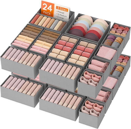 Lifewit Drawer Organizer Clothes for Closet 24 Pack, 3 Sizes Underwear Wardrobe Drawer Dividers, Fabric Foldable Dresser Storage Organizer Bins for Sock, Bra, Lingerie, Undies, Grey