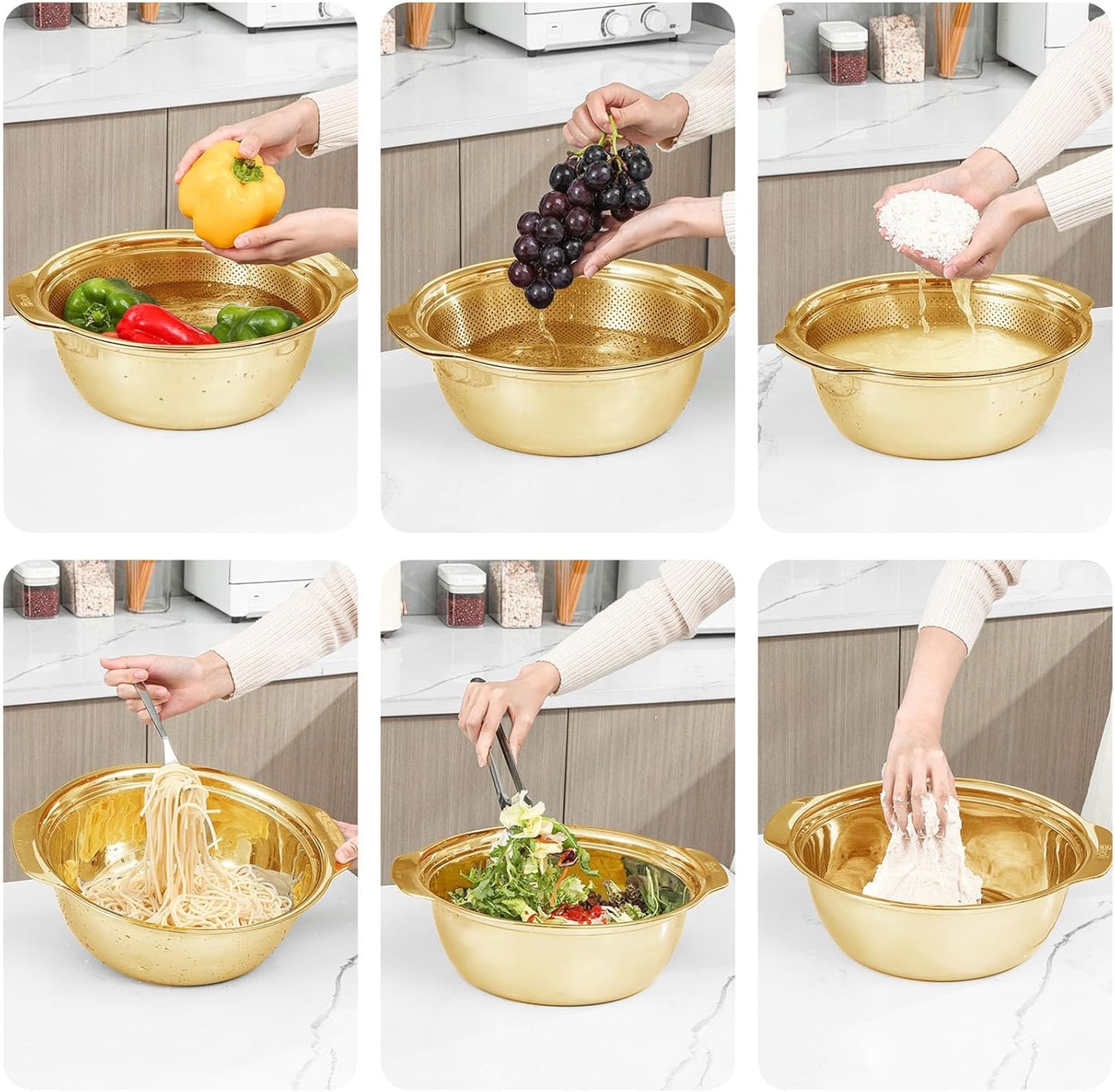 304 Stainless Steel Microporous Colander with Handle, Rice Washers Microporous Strainer Set For washing vegetables, fruits and rice, and draining cooked pasta(2QT with handle-Gold)