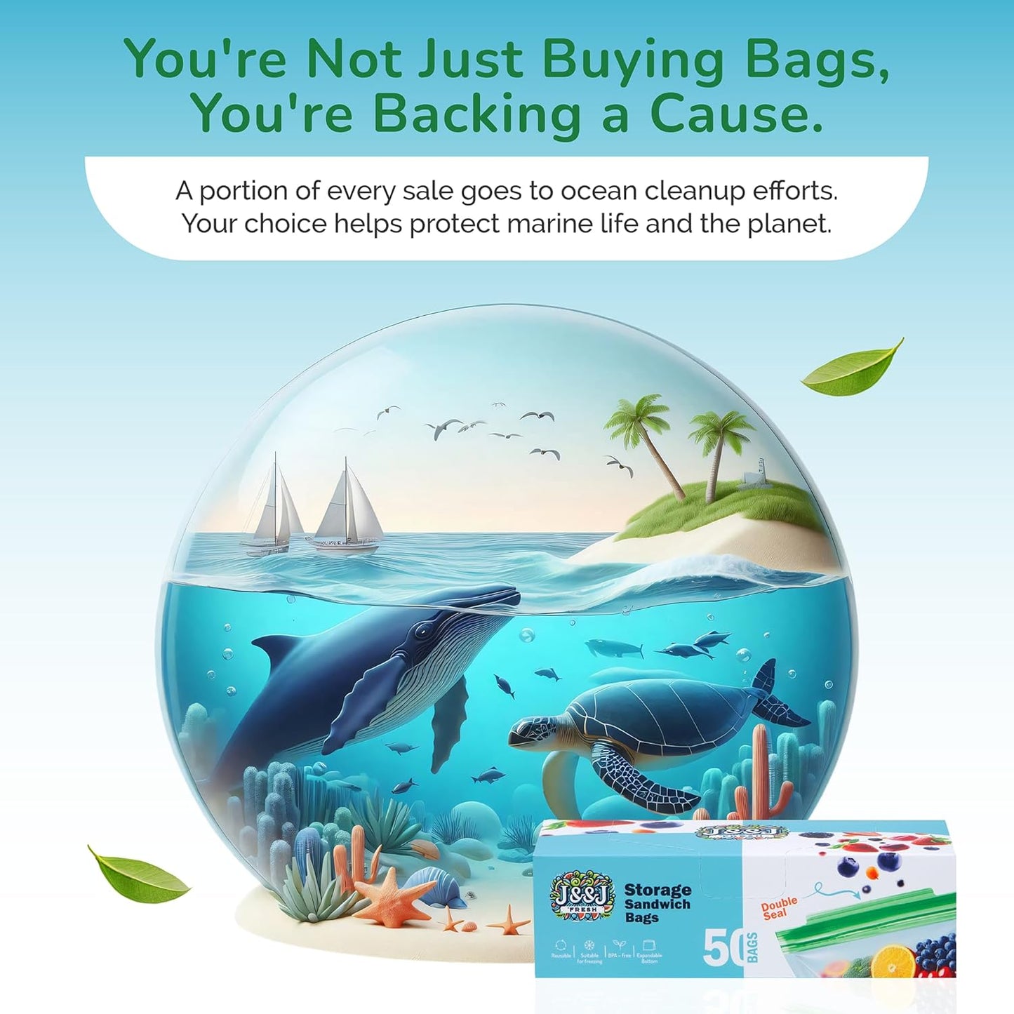 J&&J Fresh Sandwich Zipper Bags, 50 Pack — Reusable, BPA-Free, Leakproof — Expandable Bottom, Microwave-Safe, Strong Seal with Zipper Lock — Food Storage For Freezer, Fridge, Lunch, Durable & Washable