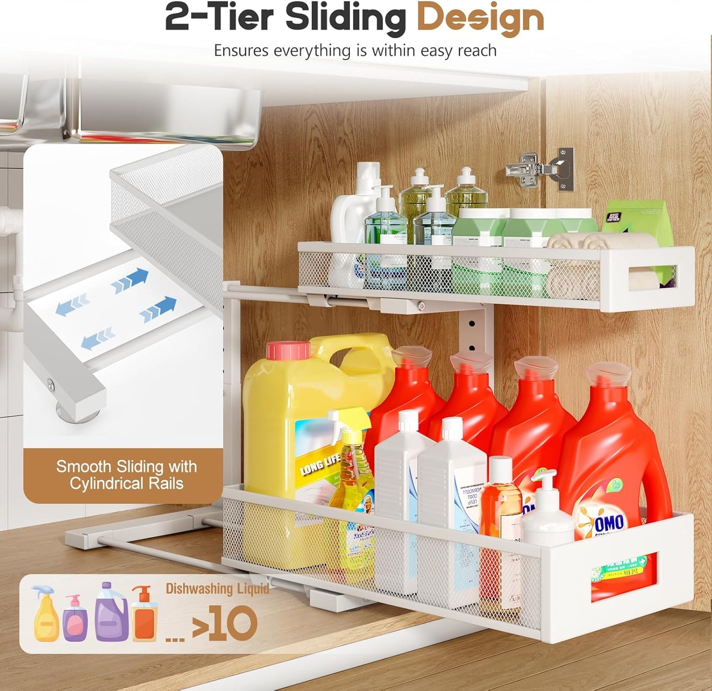 1 Pack 17IN Depth Under Sink Storage Organizer, Large 2-Tier Elegant Mesh Pull Out Shelf for Kitchen and Bathroom Cabinet Organization, L-Shaped and Adjustable Height Design-White