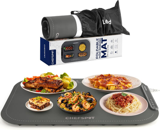 Foldable Food Warming Mat, 24x15″ Electric Buffet Tray with 3 Heat Settings, Auto Shut-Off, Roll-Up Portable Hot Plate for Parties, Countertop & Catering, Easy-Clean, with Carry Bag – Grey