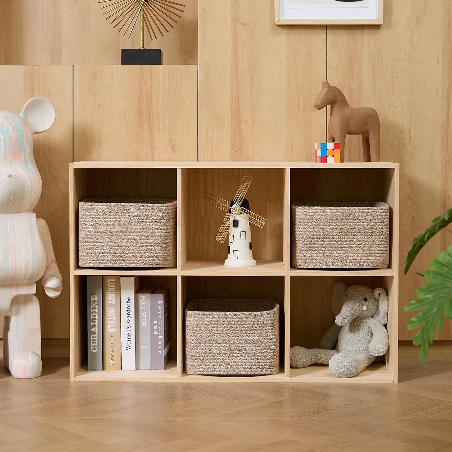 Small Organizing Baskets for Cubes Shelf, 9.7x9.7x7.1 Inch Rope Woven Storage Bins for Nursery Shelves Storage, Cute Toy Basket, Square 3 Packs Mixed Brown