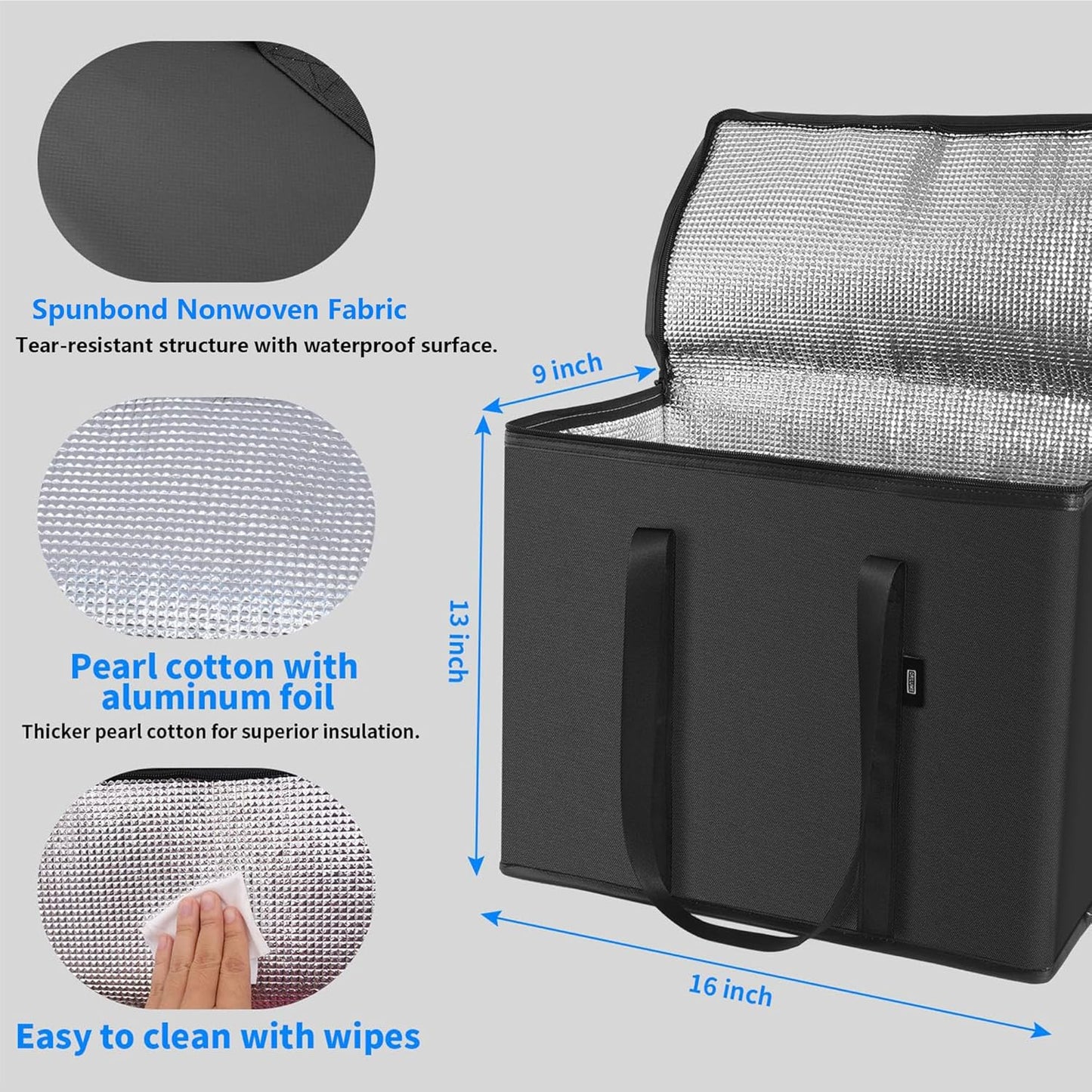 2-Pack Cold Storage Food Bag, Insulated Grocery Bags for Delivery, Heavy Duty Reusable Bags with Zippered Top, Foldable and Durable for Frozen Foods and Shopping Black