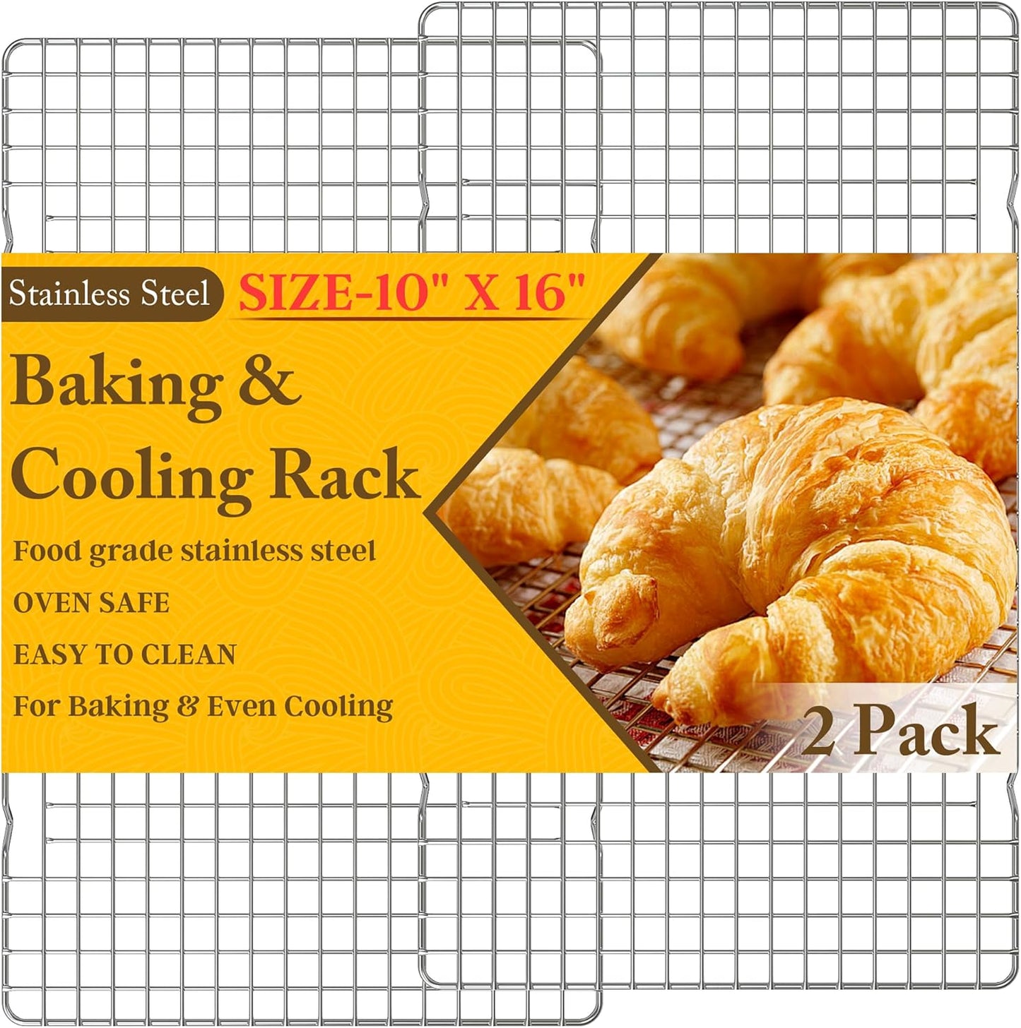 2PCS Cooling Racks for Cooking and Baking - 10" x 16"Heavy Duty Stainless Steel Wire Rack for Baking, Grilling, Roasting - Oven & Dishwasher Safe - Fits Half Sheet Pan（Silver）