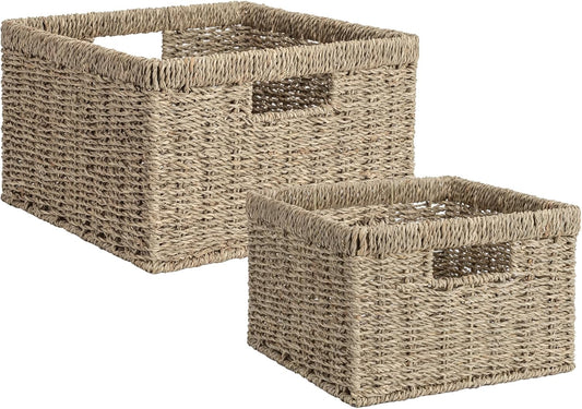 StorageWorks Wicker Storage Baskets, Handwoven Seagrass Basket for Organizing, Decorative Wicker Baskets with Built-in Handles, Set of 2