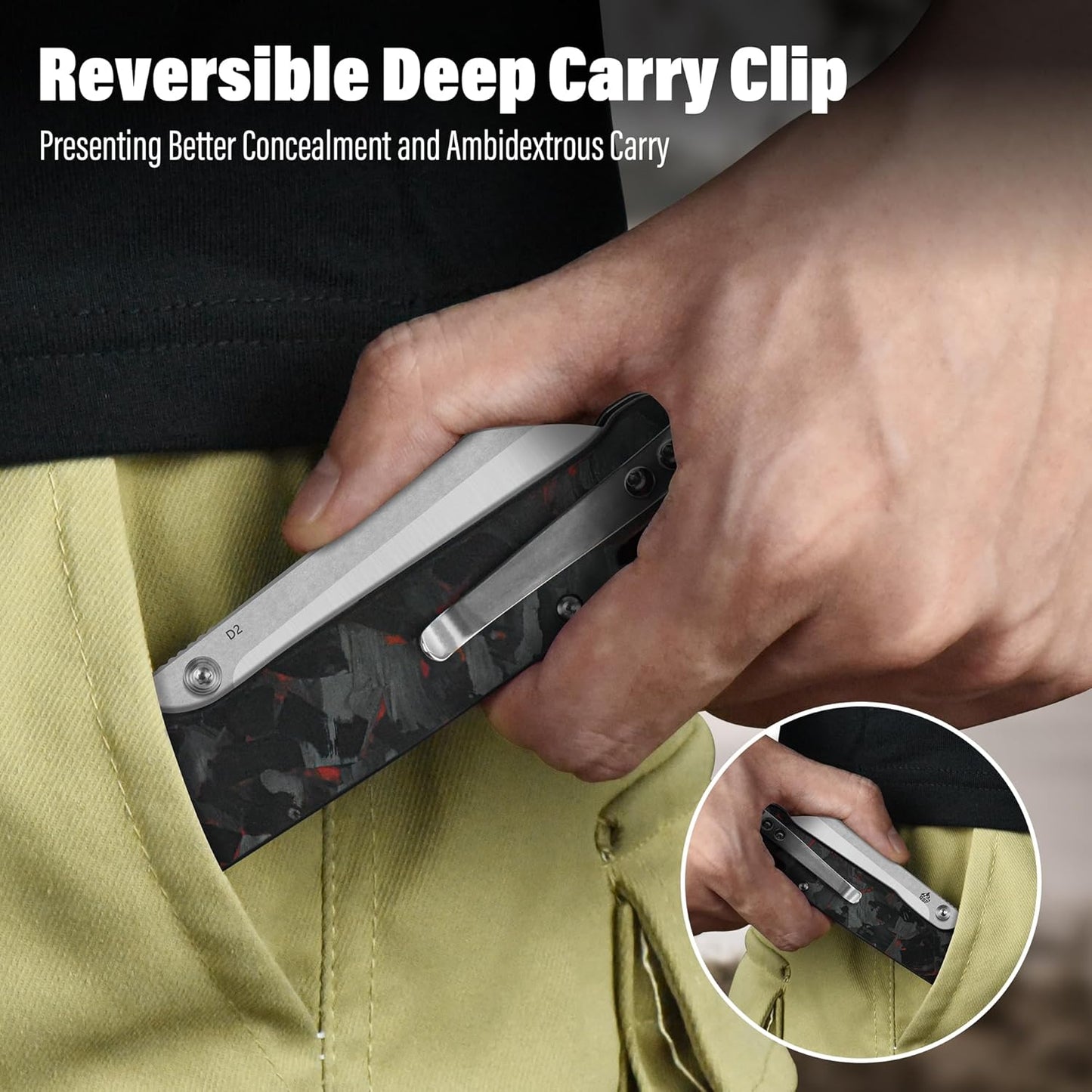 QSP Penguin V2 Folding Pocket Knife, 3.06" D2 Two Tone Finish Stonewash Satin Blade EDC Knife, Red Shredded CF Overlay G10 Handle, Liner Lock, Ceramic Ball Bearings, Reversible SS Deep Carry Clip