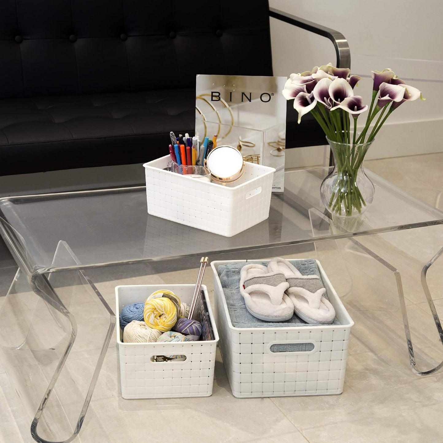 BINO Plastic Basket, Medium - White, 4 Pack, THE STABLE COLLECTION, Multi-Use Storage Basket, Rectangular Cabinet Organizer, Baskets for Organizing with Handles, Home & Office Storage Organizer