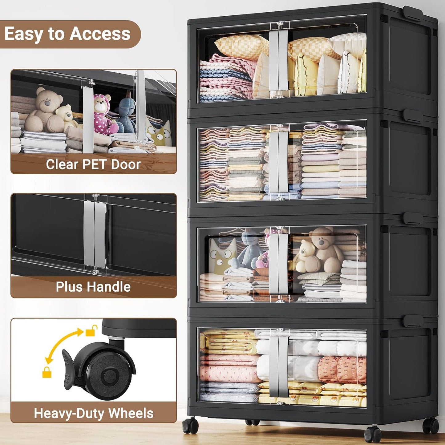 800QT Stackable Storage Bins with Lids, 200Gal Extra Large Collapsible Storage Box with Wheel, Plastic Storages with Clear Door Open Front for Home Living Room Garage, Black-5pack(5 lids)