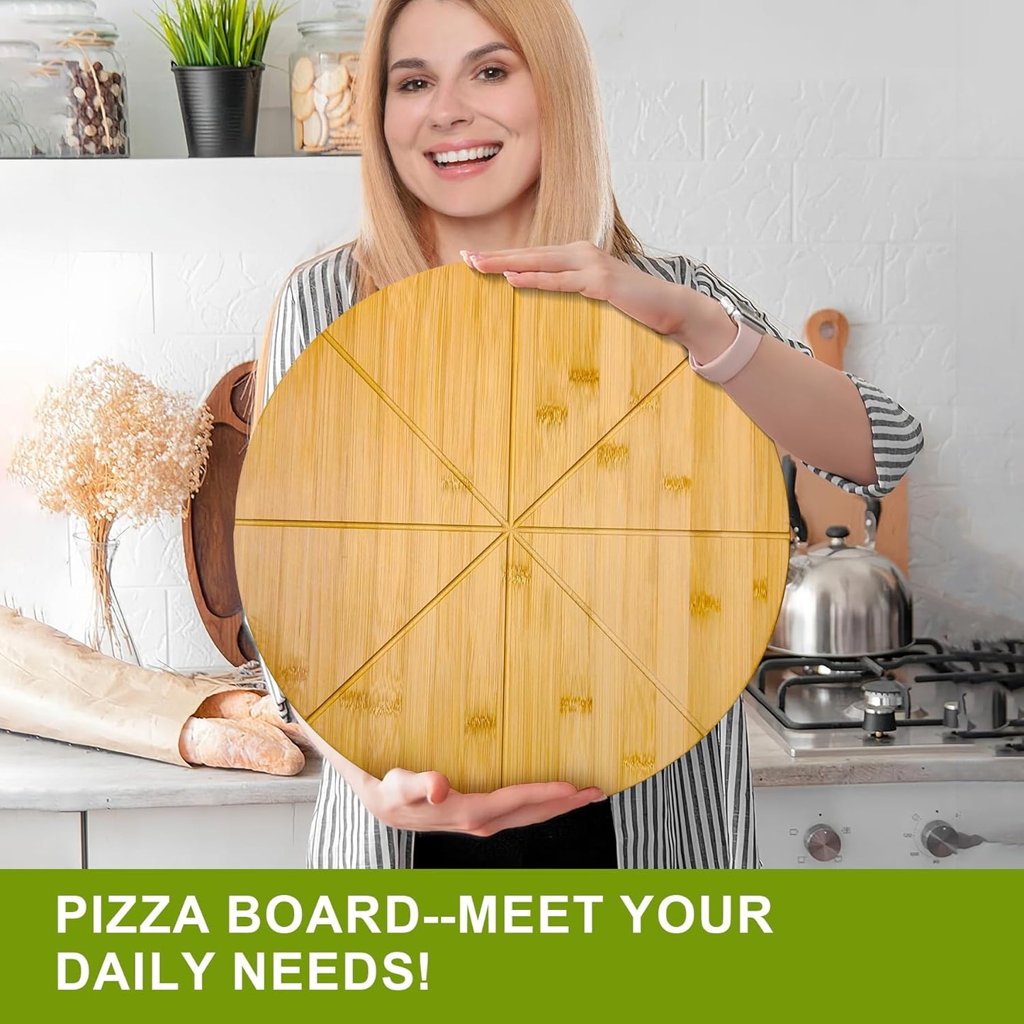 12" Round Cutting Board Pizza Cutting Board with Cutting Grooves Double Sided 12inch Bamboo Wooden Pizza Tray Serving Platter Pizza Oven Accessories Pizza Prep Board Paddle Circular Circle