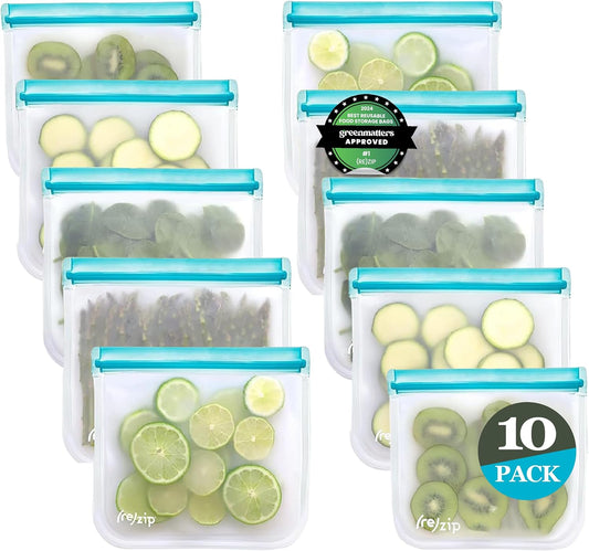(re) zip 10-Pack Reusable Sandwich Lunch Bags | BPA-Free, Food Grade, Leakproof, Freezer Safe, Dishwasher Safe, Travel Friendly | 3.5 Cup / 28-Ounce | Aqua