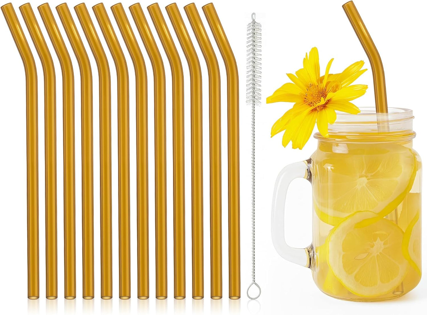 12 Pcs Reusable Glass Straws 8"x 8 mm Bent Glass Drinking Straws with Cleaning Brush for Tea, Smoothies, Milkshakes, Juices,Beverages(amber)
