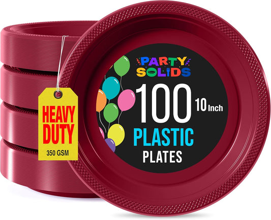Exquisite Party Solids Burgundy Plastic Plates For Party 10" Burgundy Disposable Plates Heavy Duty Supplies 100 Pcs Plastic Dinnerware Sets Heavy Duty 350 GSM Disposable Dinnerware Set