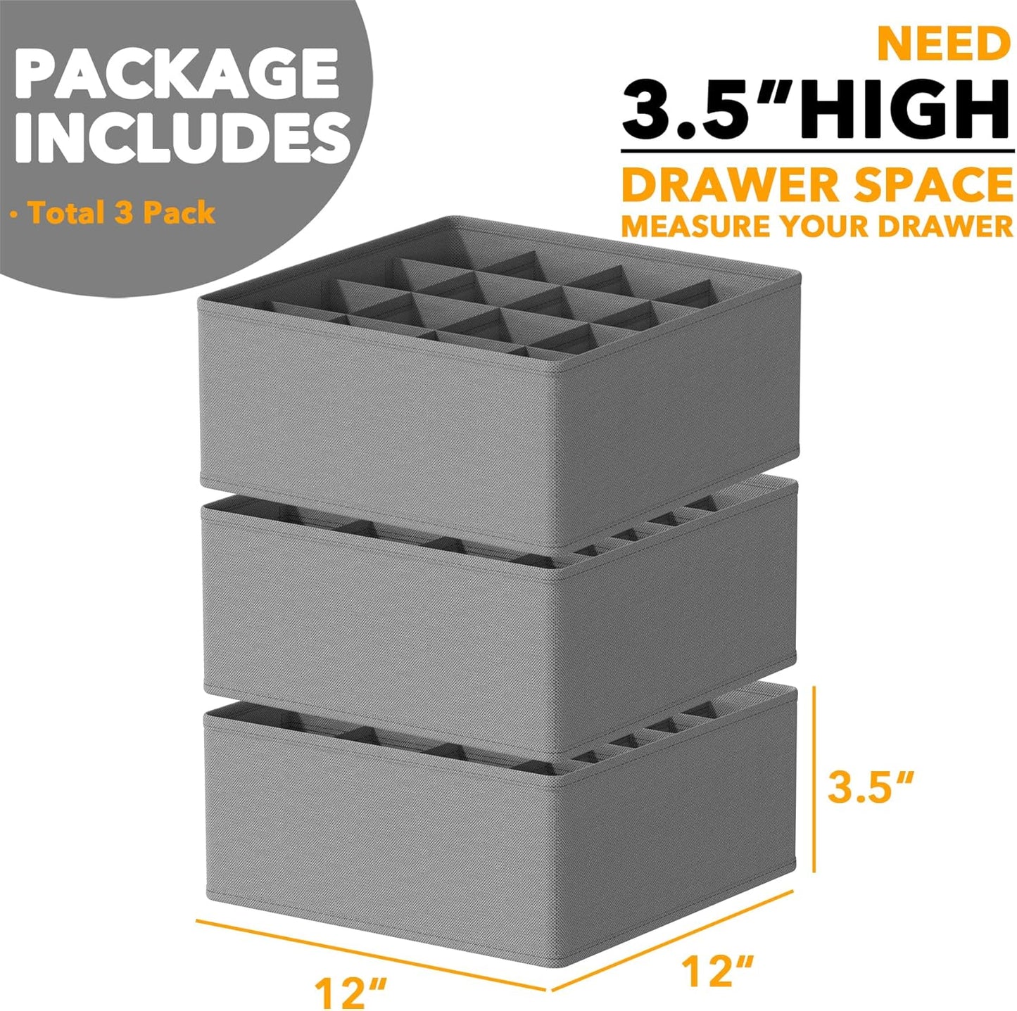 SpaceAid Sock Drawer Organizer Divider 3 Pack, 64 Cell Dresser Closet Nursery Underwear Organizers Storage Bins for Organizing Socks Underwear Ties Belts (Grey)