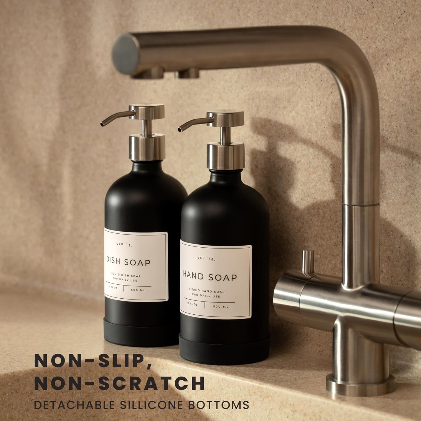16oz Glass Soap Dispenser with Stainless Steel Pump, 21 Waterproof Labels, Non-Slip Protective Silicone Pad, Set of 2 for Bathroom & Kitchen (Matte Black Bottle/Brushed Silver Pump)