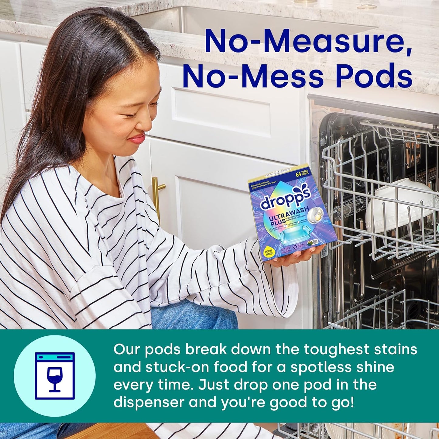 Dropps UltraWash Plus Dishwasher Detergent, Lemon Citrus (64 Pods) - Triple Action Biobased Power Deep Clean Dishwasher Detergent Tablets for Tough Stains - Dishwashing Pods for Shiny Dishes