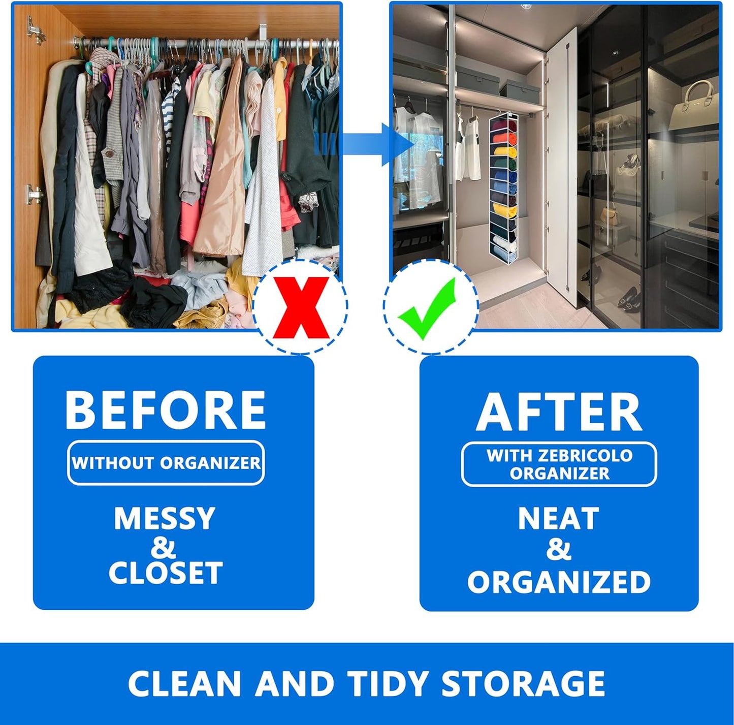 Closet Organization,12 Section, Hanging Closet Organizer, Space Saving, College Dorm Essentials for Girls, Heavy dutys Hooks Up to 45 Pounds, Clothes Storage,Closet Organizer,Black/White